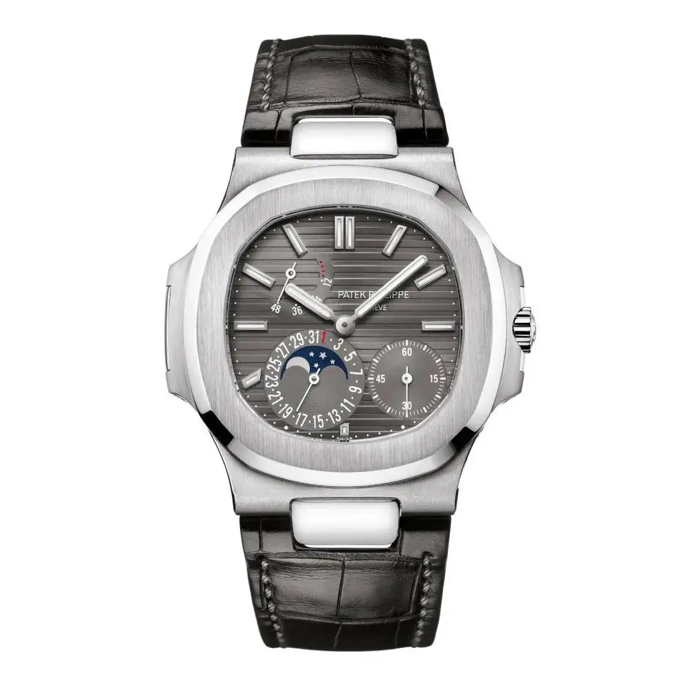 Patek Philippe Nautilus 40mm Watch – Ref: 5712G-001 – Gray Moon-Phase Dial in White Dial Black Leather Strap
