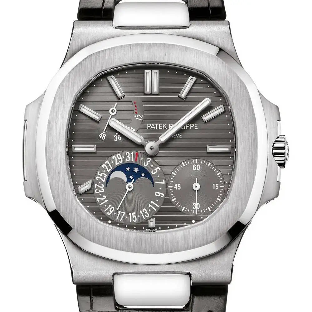 Patek Philippe Nautilus 40mm Watch – Ref: 5712G-001 – Gray Moon-Phase Dial in White Dial Black Leather Strap