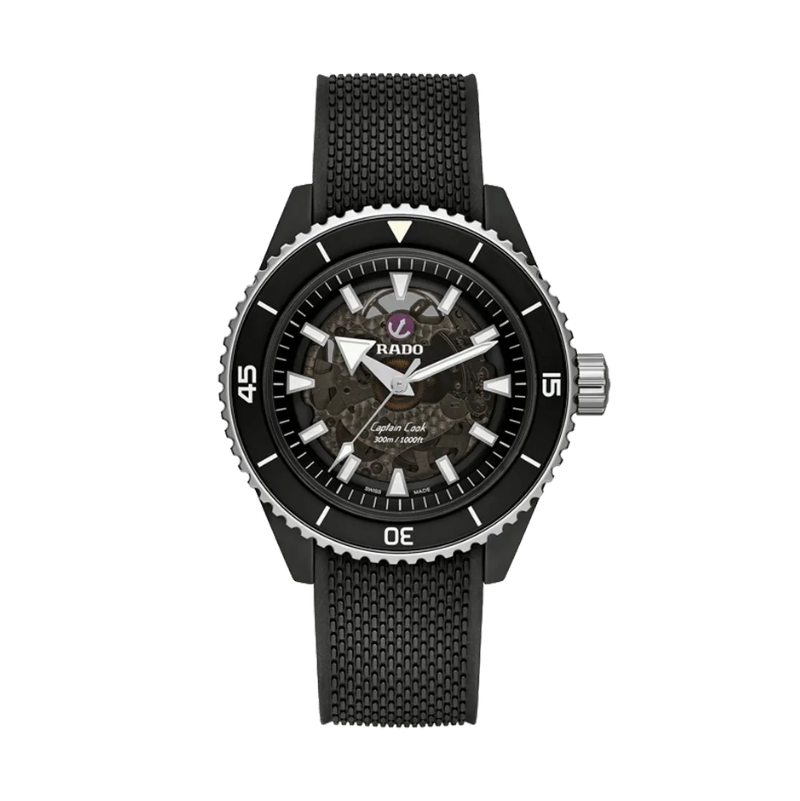 Rado Captain Cook Automatic Watch Black Dial Black Rubber Strap 43 mm